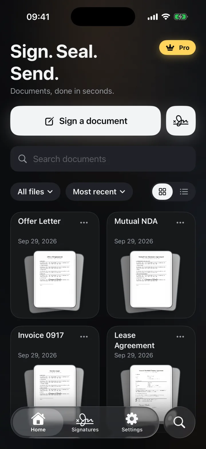 eSign home screen in dark mode