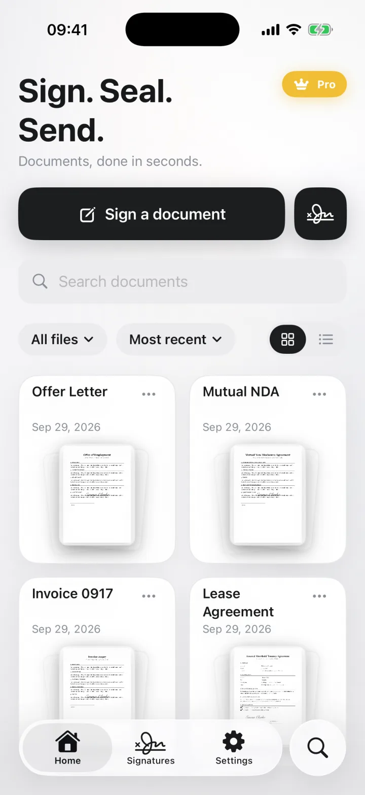 eSign home screen in light mode