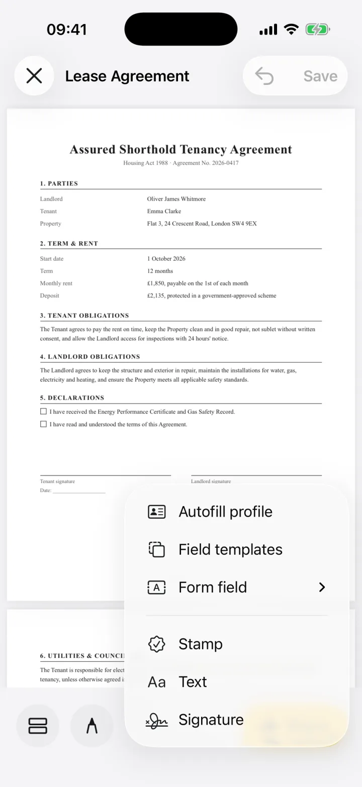 The eSign Add menu with Signature, Text, Stamp and Form field options