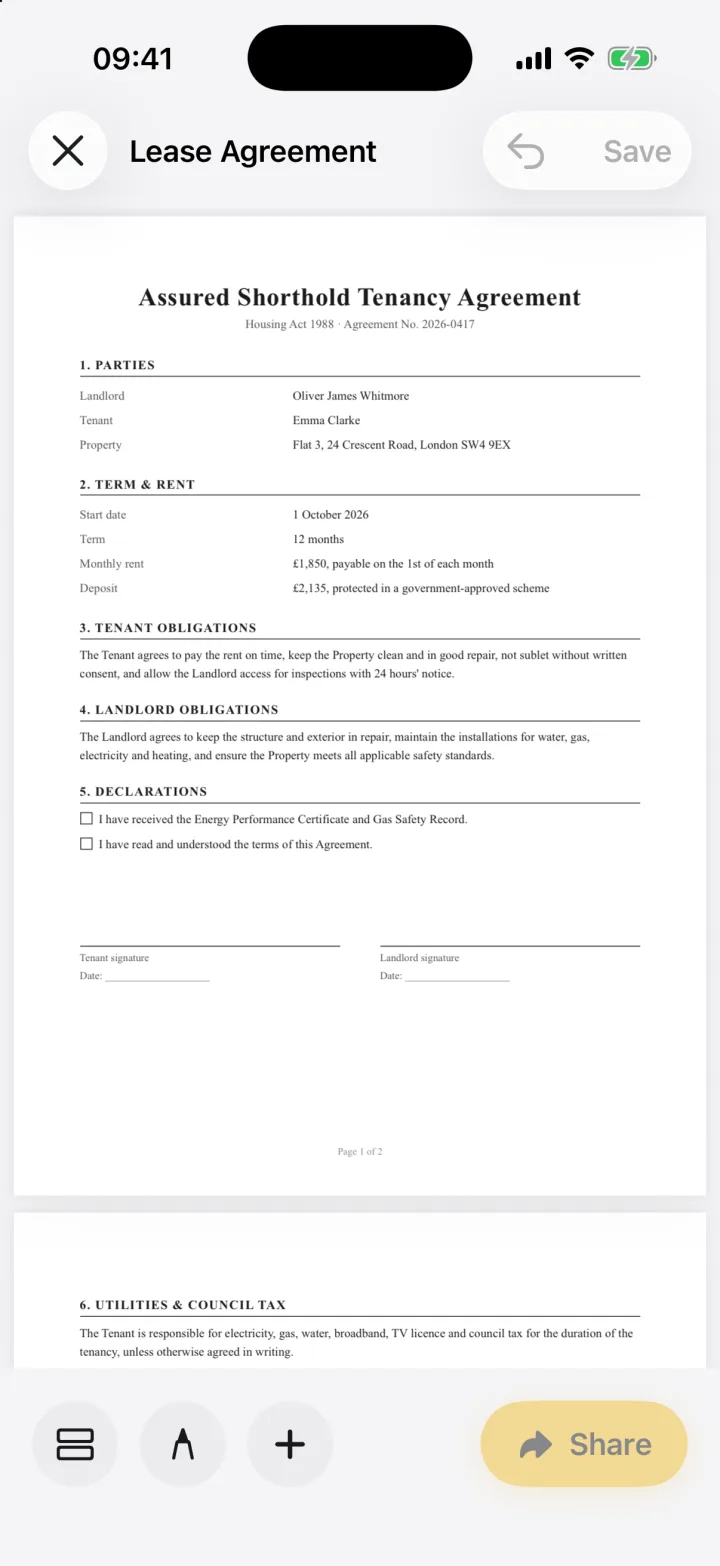 A lease agreement open in the eSign editor