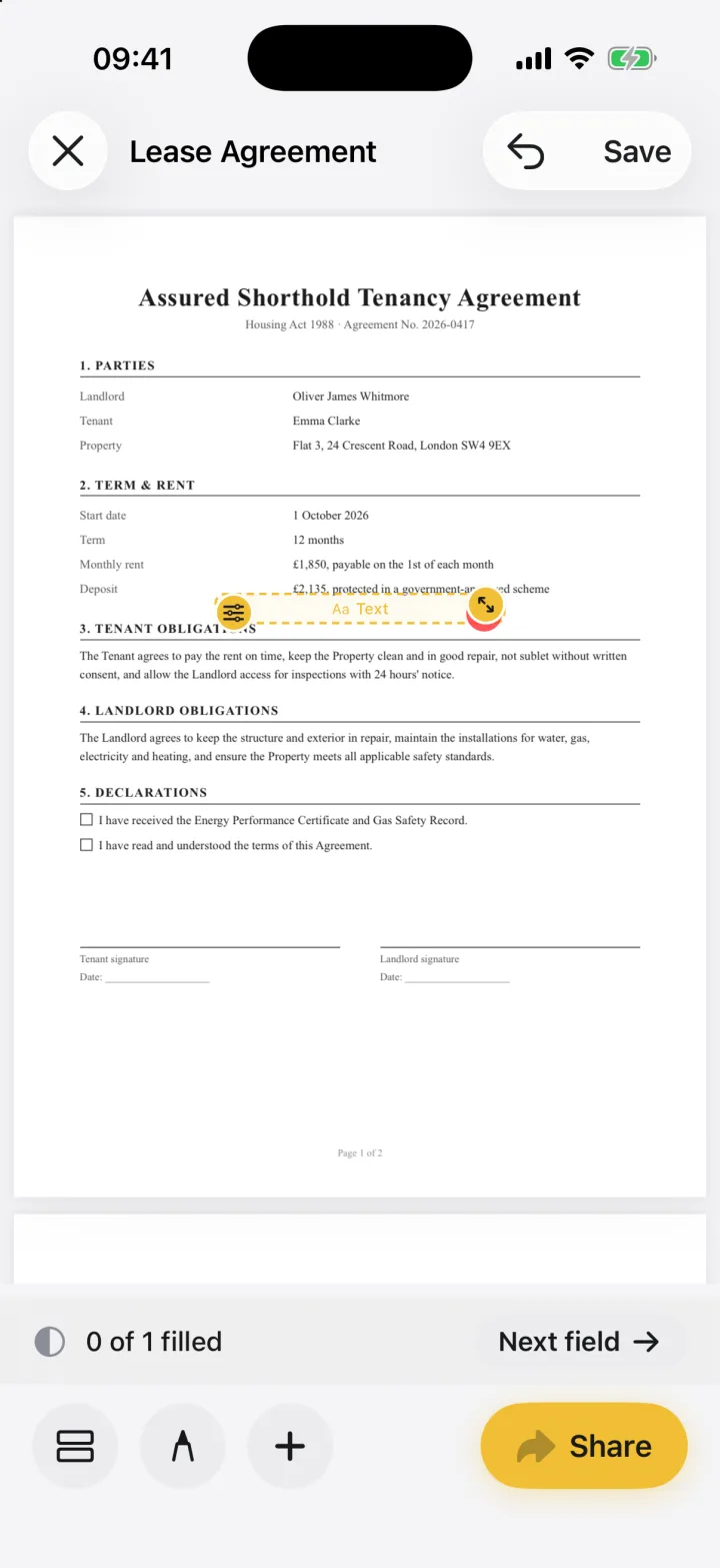 A new text field placed on the form with the 0 of 1 filled counter