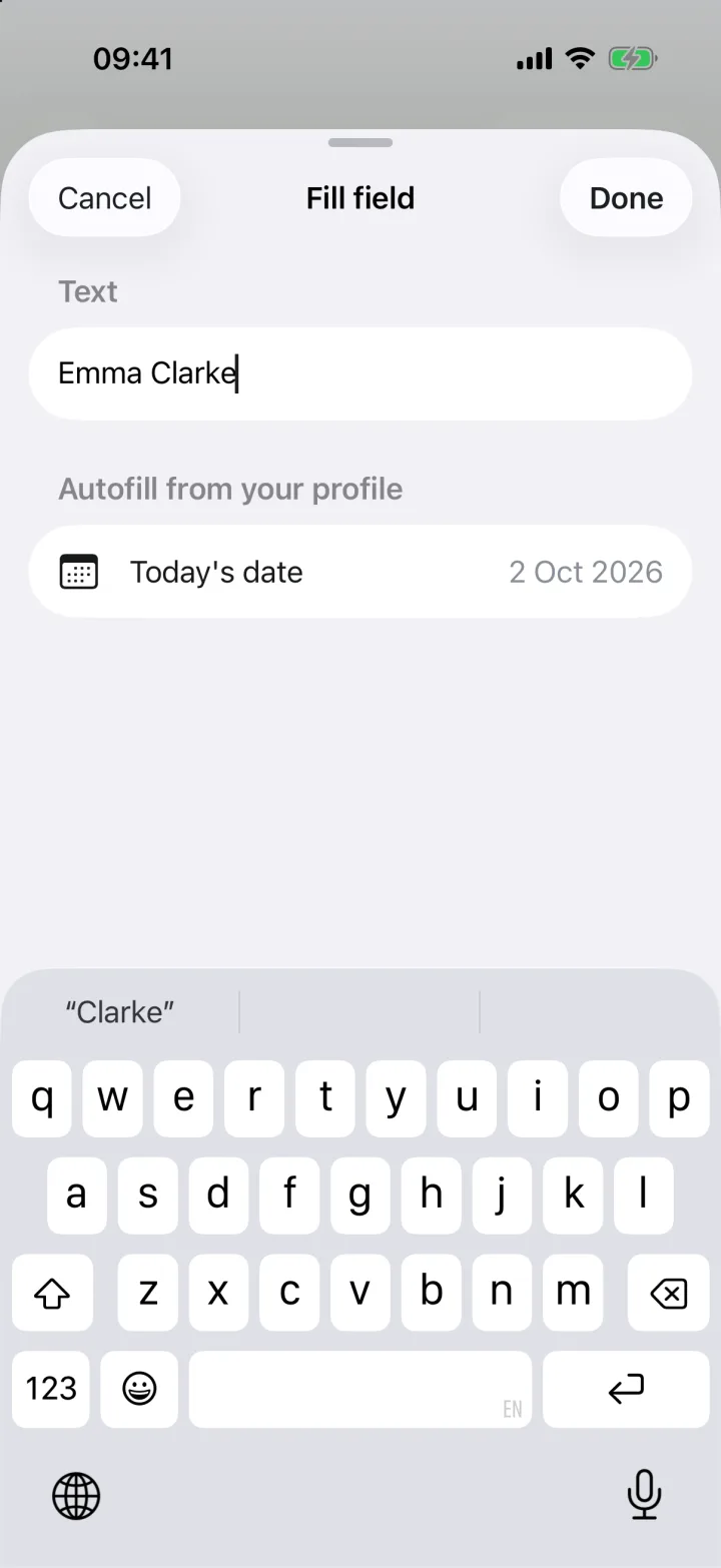 The Fill field sheet with a typed name and an autofill suggestion for today's date