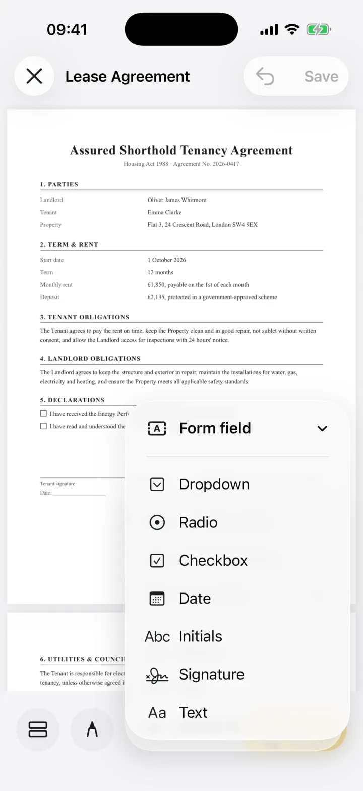 The Form field menu: Dropdown, Radio, Checkbox, Date, Initials, Signature and Text