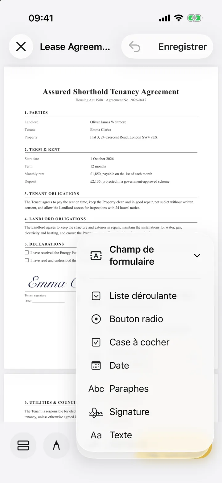 Le menu des champs de formulaire