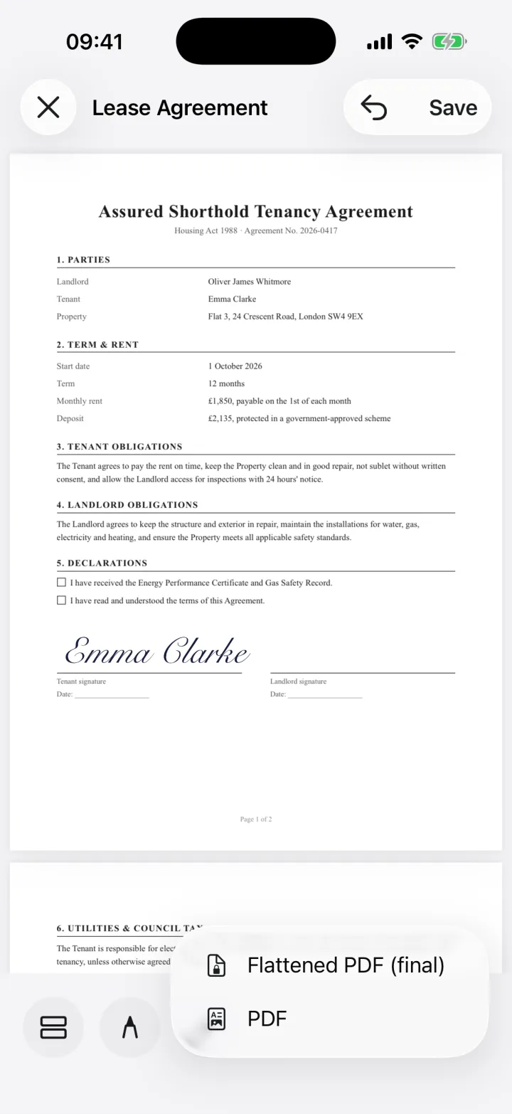 The share format menu with PDF and Flattened PDF