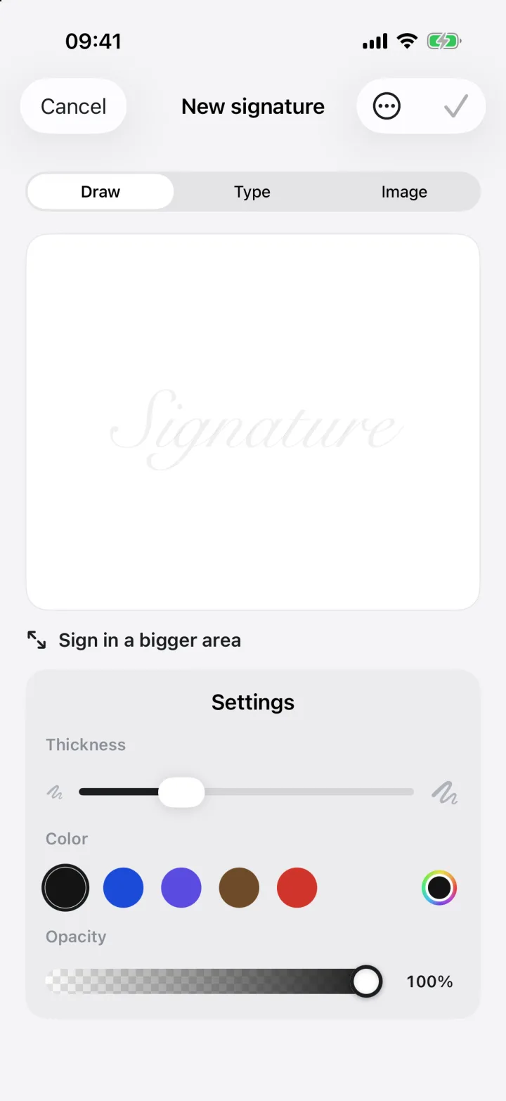 The Draw tab of the signature maker with thickness, colour and opacity settings