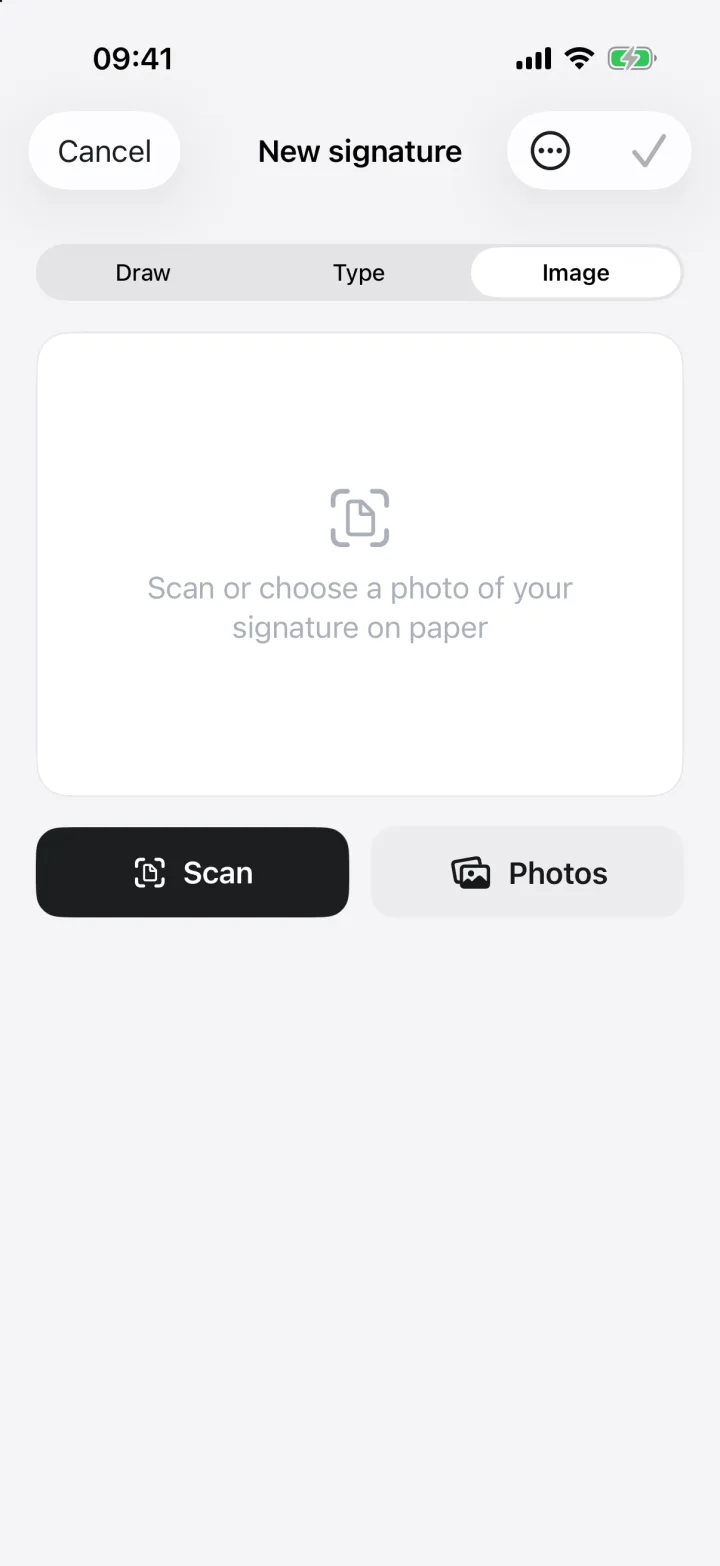 The Image tab with Scan and Photos buttons