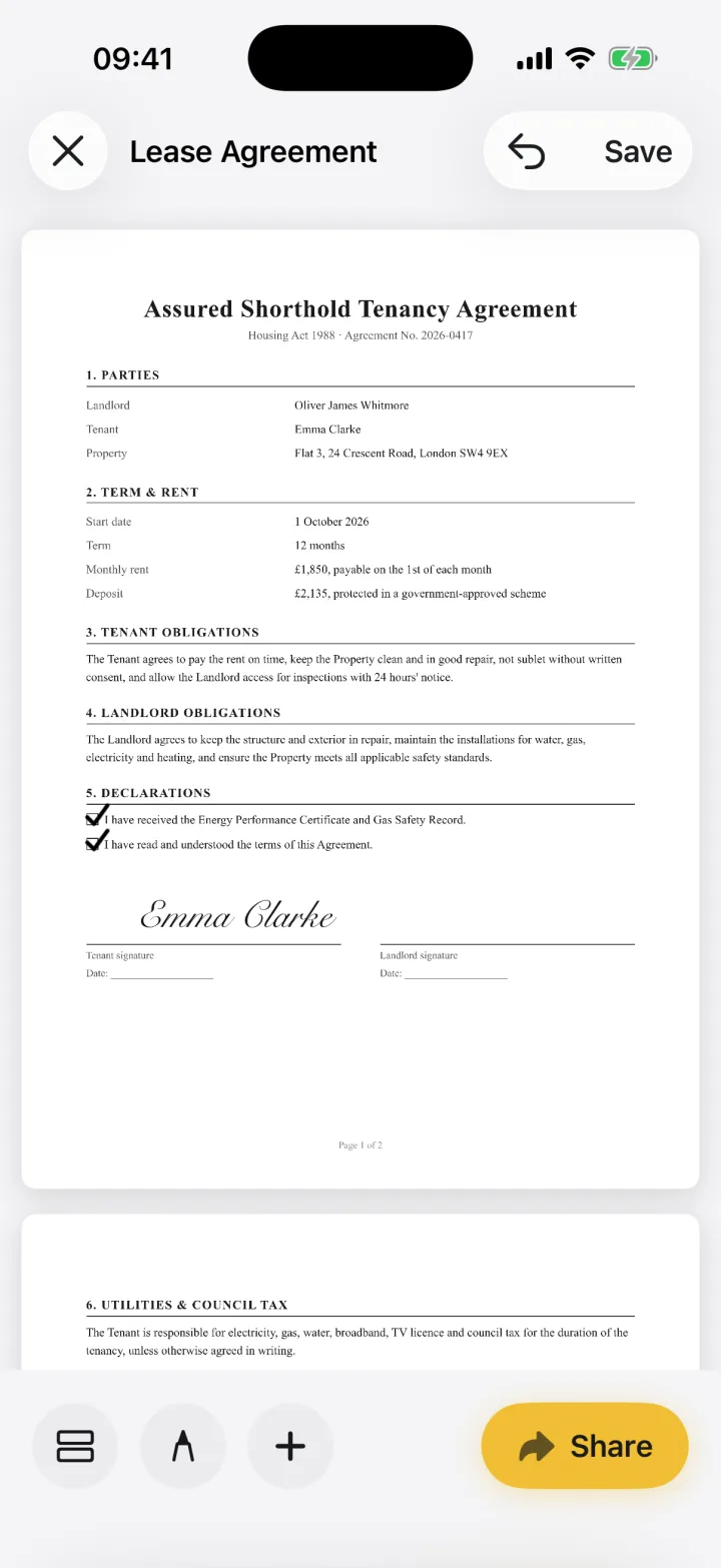 A signed lease agreement in eSign