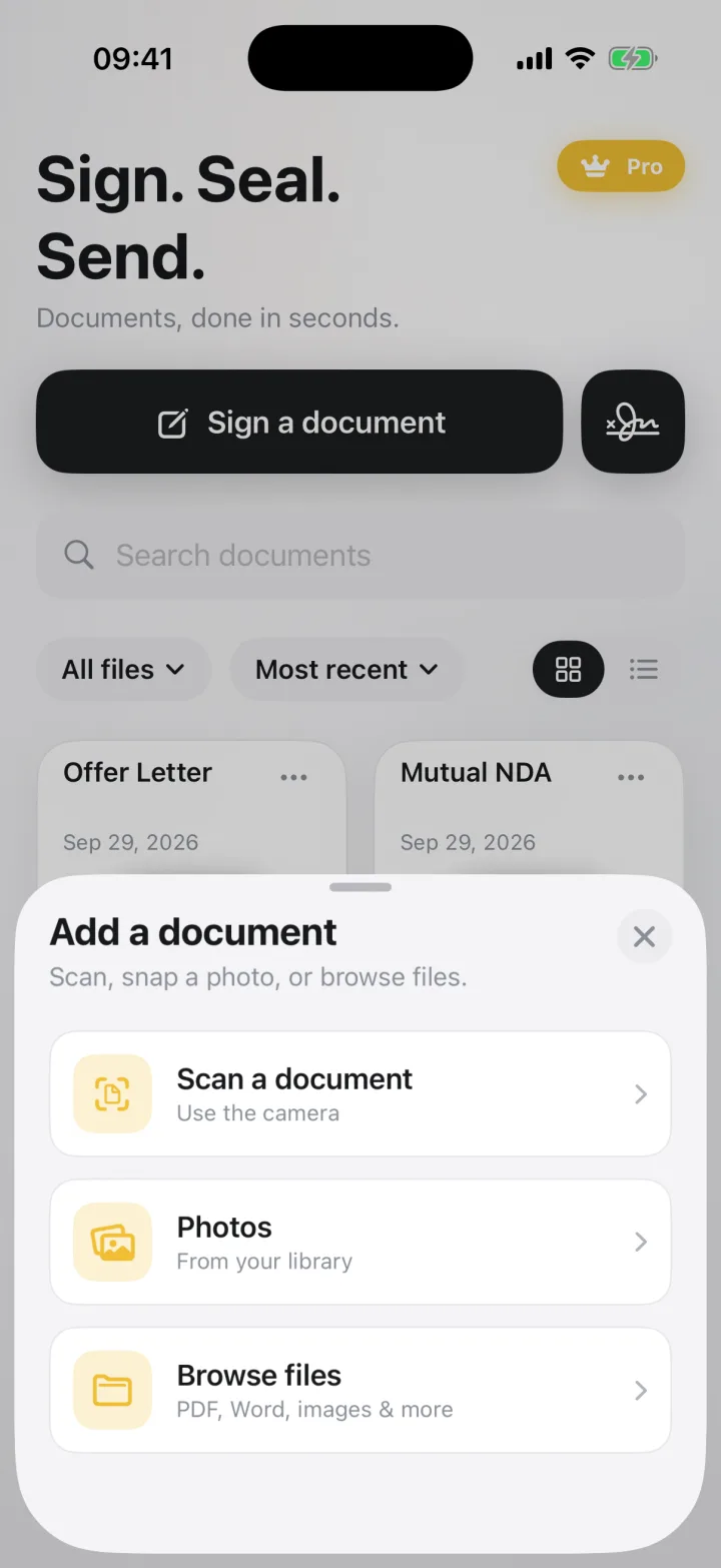 eSign's Add a document sheet